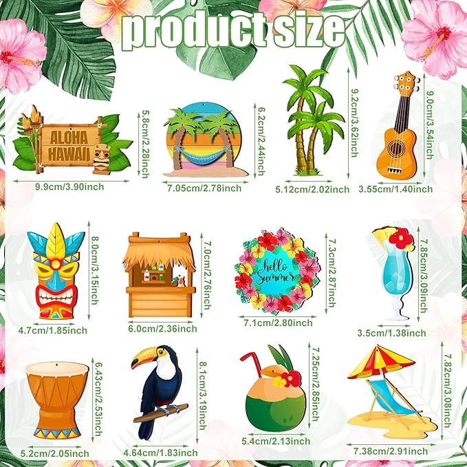 Geelin 36 Pcs Summer Wood Hanging Ornaments for Tree Mini Tree Decorations Hawaiian Beach Wooden Pendant Decorations with String for Luau Party Supplies(Aloha)