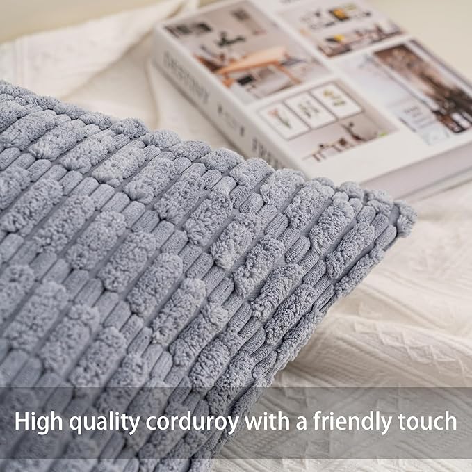 Aegero Pack of 2 Corduroy Decorative Throw Pillow Covers 16x16 Inch Soft Striped Pillow Covers Modern Farmhouse Home Decor for Sofa Living Room Couch Bed（Light Grey）