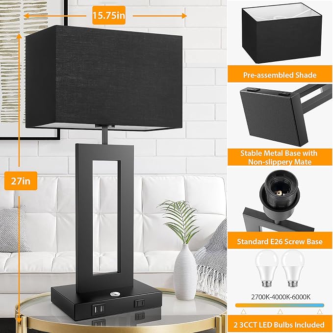 27.2’’ Tall Black Table Lamps for Living Room Bedroom, Bedside Touch Control Lamps with 2 USB Ports&AC Outlet, 3 Color Temp.&Stepless Dimming Desk Lamp Sets for Home Office, Pre-assembled Black Shade