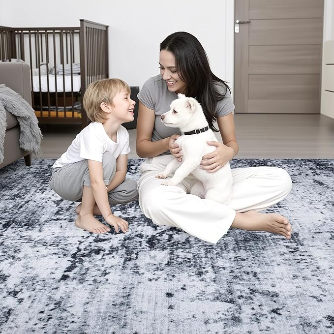 6x6 Area Rug Living Room Rug: Washable Modern Abstract Soft Thin Rug Indoor Floor No Slip Stain Resistant Carpet for Bedroom Dining Room Farmhouse Nursery Home Office - Black