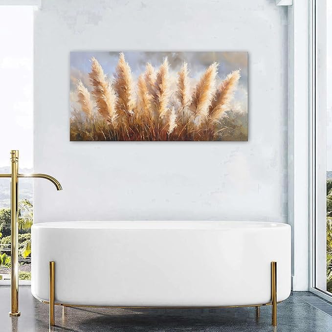 Vintage Boho Reed Canvas Wall Art Abstract Nature Plant Wall Decor Minimalist Botanical Prints Pictures Dried Reeds Flowers Poster Painting Artwork for Living Room Bedroom Home Decoration 24x48"