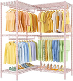 E15 Garment Rack L Shaped Clothes Rack for Corner，Freestanding Clothing Racks for Hanging Clothes，Heavy Duty Closet Organizer with 4 Hanging Rods & 8 S Hooks，43.4" W x 15.8" D x 78.4" H，Pink