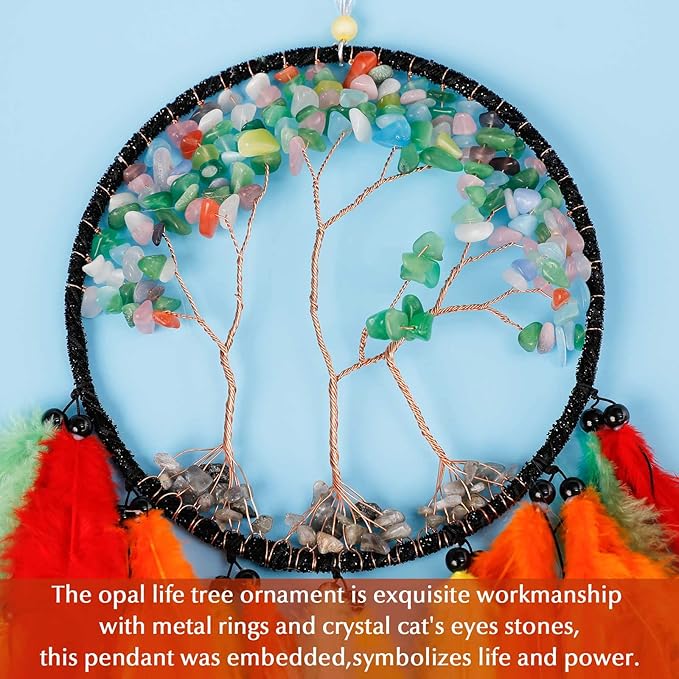 Pretty Jolly Cat's Eyes Tree of Life Dream Catcher Wall Decor with Healing Crystal Stone Handmade Colored Feather Dream Catchers Decoration Wall Hanging Bedroom Room Wedding Party Wish Gift-25.6"