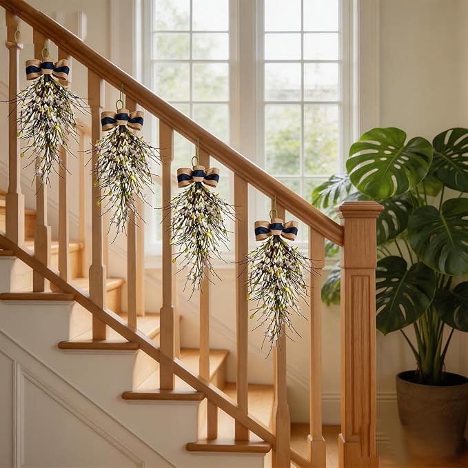 Forsythia Spring Teardrop Swag, 2Pcs Artificial Spring Summer Floral Hanging Swags with Bow for Door Wall Mantel Window Wedding Home Decor (White)