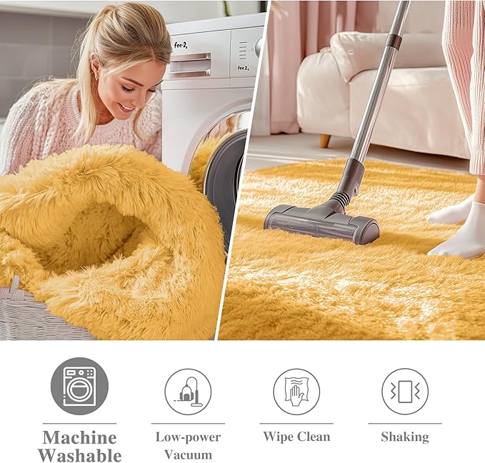 OLANLY Mustard Yellow Round Rugs for Bedroom - Machine Washable, 4 ft Circle Area Rugs for Living Room, Soft and Fluffy Shaggy Carpet for Teen Girl and Boys, Nursery Rooms, Dorms, Home Decor Aesthetic