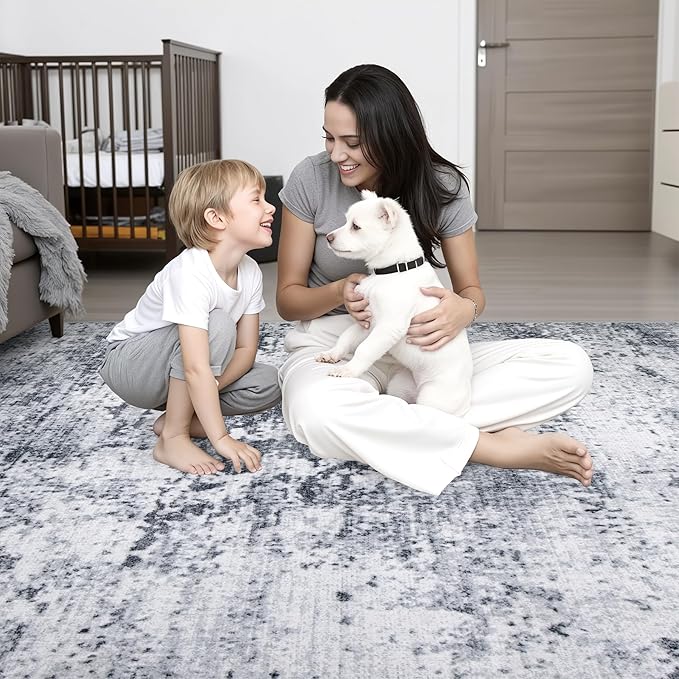 2.6'x14' Runner Rug Washable Rug: Modern Abstract Soft Thin Runner Rug Grey