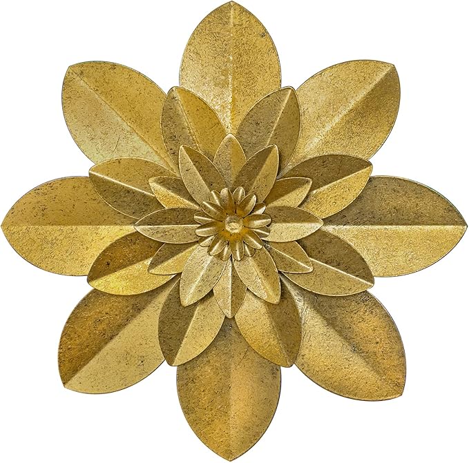Golden Metal Flower Wall Art Decor, 9.5“ Rustic Modern Floral Sculpture, Distressed Iron Wall Hanging Home Decoration Accent Artworks for Indoor Kitchen Bedroom Living Room Office Outdoor Garden Patio