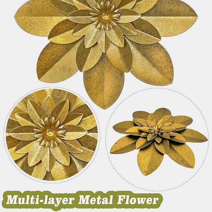 Golden Metal Flower Wall Art Decor, 9.5“ Rustic Modern Floral Sculpture, Distressed Iron Wall Hanging Home Decoration Accent Artworks for Indoor Kitchen Bedroom Living Room Office Outdoor Garden Patio