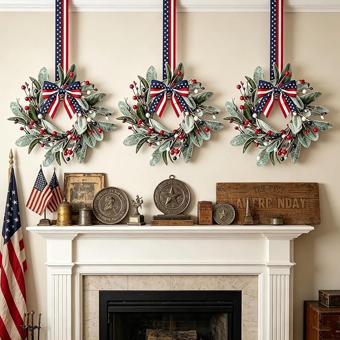 4 PCS Patriotic 4th of July Hanging Wreaths for Cabinets Small Independence Day Wreaths for Front Door with Red White Blue Berries & Lamb's Leaves Memorial Day Labor Day Mini Wreath for Home Decor