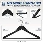 ZOBER Black Wooden Hangers - Heavy Duty, Non Slip Wood Hangers for Coats, Jackets, Suits, & Pants - Coat Hangers for Closet W/Bar and Notches 20 Pack