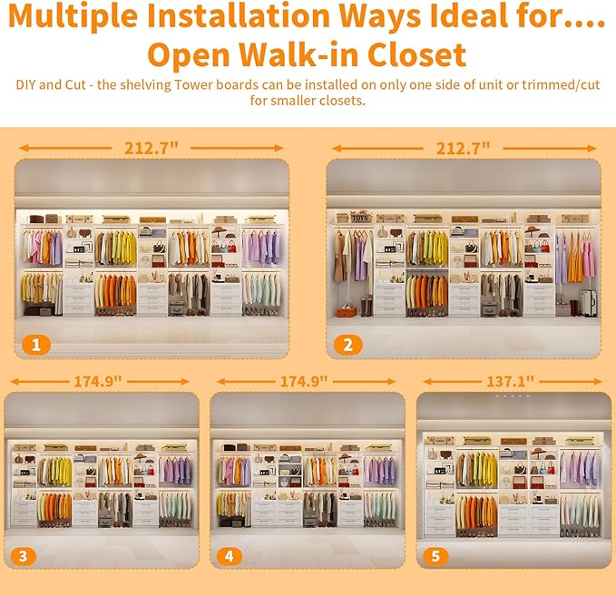 Closet System with 9 Drawers, 11.5-18FT Closet Organizer System with Cuttable Shelves for Walk in Closet with 9 Expandable Hanging Rods, Heavy Duty Built-in Closet for Bedroom, White(3 Sets)