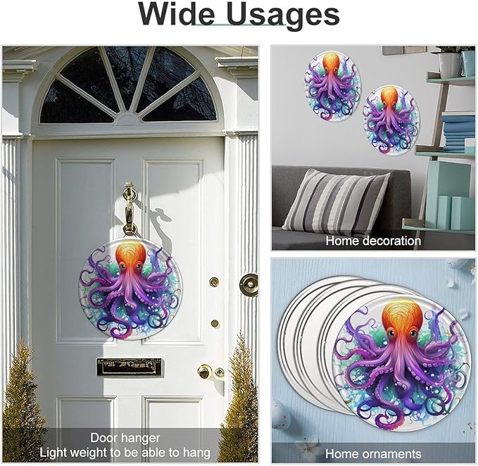 Wall Picture, with Colorful Octopus Printed Circular Iron Hanging Picture,Wall Art Decor,Home for Bedroom Living Room Bathroom Decor,Iron Painting 11.8X11.8 in
