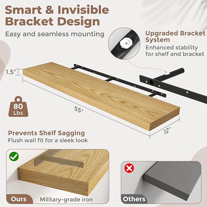 55 Inch Long Floating Shelves for Wall Set of 2, 12"D Wood Grain Bathroom Shelves with Invisible Brackets, Easy Install Engineered Wood Storage Shelves for Kitchen, Living Room, Bedroom, Oak Finish