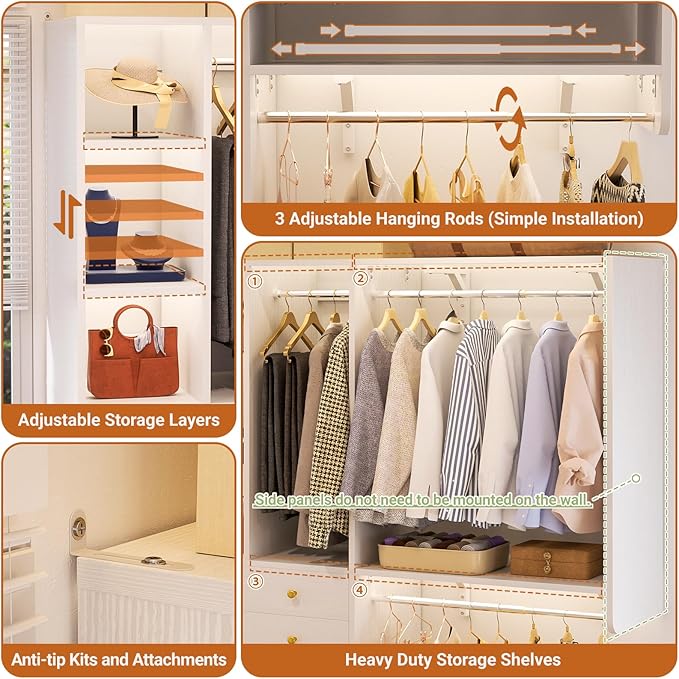 10FT Closet System with 4 Drawers, 120" Closet Organizer System with 6 Hanging Robs & Reversible Shelving, Closet Systems for Walk-in Closets, White