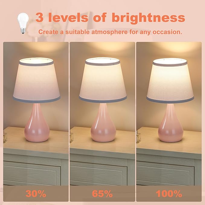 17.3'' Modern Dimmable Touch Lamps for Nightstand 2pcs, Table Lamps for Living Room, Reading Cute Lamp for Office, Bedside Lamps with Iron Base, Small Lamp for Bedroom, Pink Lamp, Bulb Included
