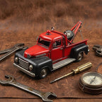 Vintage Red Tow Truck Decor Model, Classic Retro Metal Wrecker Truck Figurine, Distressed Rustic Collectible Sculpture for Home Office Shelf Desk Tabletop Decor