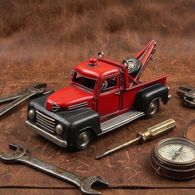 Vintage Red Tow Truck Decor Model, Classic Retro Metal Wrecker Truck Figurine, Distressed Rustic Collectible Sculpture for Home Office Shelf Desk Tabletop Decor