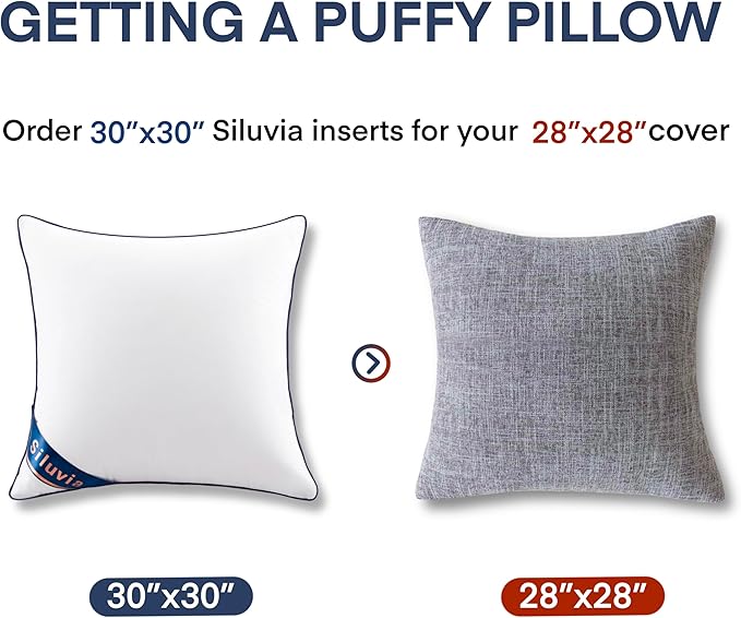 Siluvia 30"x30" Pillow Inserts Set of 2 Square Throw 30 Pillows with 100% Cotton Cover for Sofa, Couch, and Bed - White