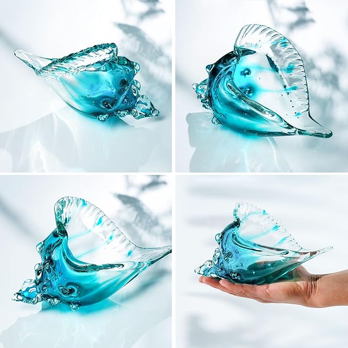 Blown Glass Conch Shell Sculpture, 8.2" Sea Glass Art Decor, Conch Shell Decorative Statues, Seashell Sculpture for Dining Tables, Entryways, Coffee Tables, Living Room, Shelf Fillers Gift for Women
