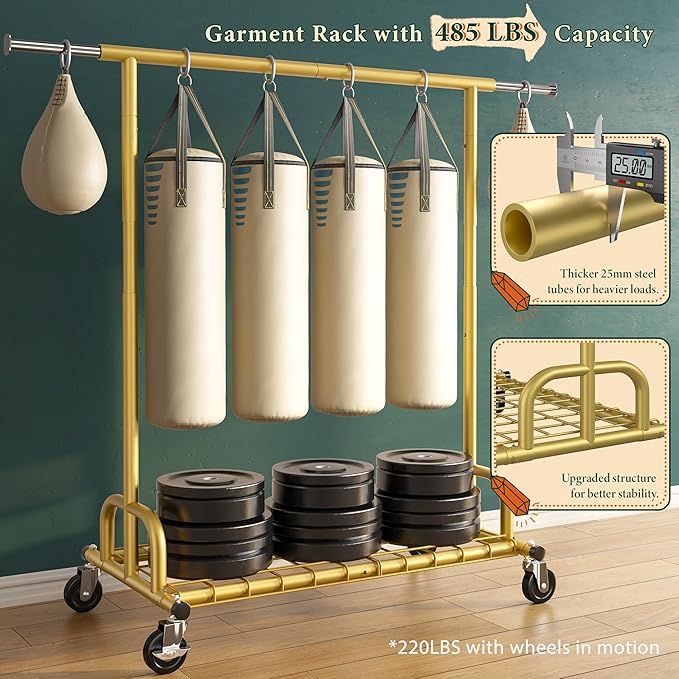 Raybee Heavy Duty Clothes Rack, Gold Clothing Racks for Hanging Heavy Clothes 200+, Rolling Clothing Rack Load 530 LBS, Extendable & Adjustable Portable Commercial Garment Rack with Wheels, Gold