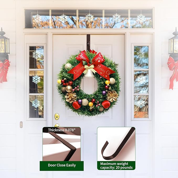 Wreath Hanger for Front Door,Adjustable Metal Wreath Hanger from 12-20", Hold Up 20lb, Indoor or Outdoor Over The Door Wreath Hook Hanger for Easter Spring Halloween Xmas Wreath Decorations (Bronze)