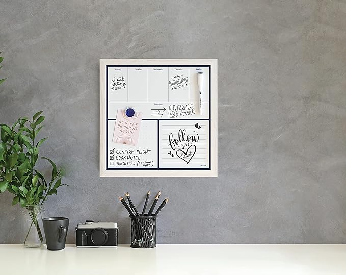 U Brands Rustic Weekly Dry Erase Board with White Wooden Frame, Office Supplies, 14” x 14”