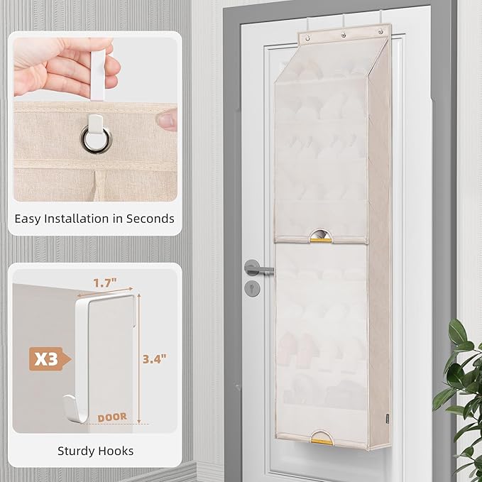 STORAGE MANIAC Over the Door Shoe Organizer with Curtain Dustproof Heavy-Duty Large Deep Pocket Hanging Shoe Organizer for Closet Dorm & Narrow Door Storage Shoe Holder Shoe Rack, 9-Shelf Beige 1 Pack