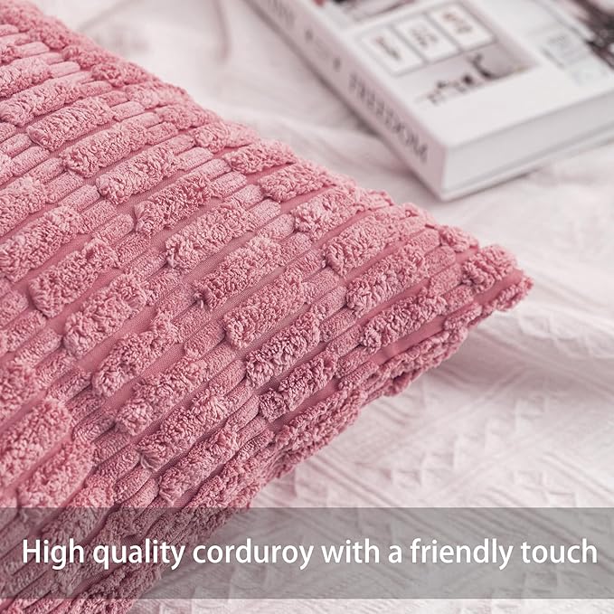 Aegero Pack of 2 Corduroy Decorative Throw Pillow Covers 20x20 Inch Soft Striped Pillow Covers Modern Farmhouse Home Decor for Sofa Living Room Couch Bed（Pink）