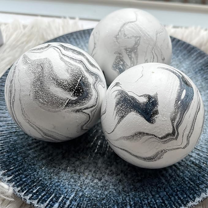Set of 6 Decorative Orbs for Bowls and Vases - 2.6in Resin White Howlite Round Sphere Balls for Living, Dining Room Coffee Table Centerpiece Home Decor