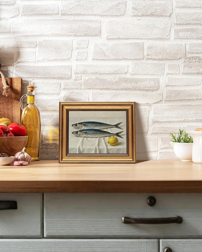 VIYYIEA Vintage Gold Framed Wall Art for Living Room, Salted Fish Canvas Prints Home Decor, Oil Painting Picture, Bedroom Wall Decor Gifts for Friends or Family -【Salted Fish & Lemon】-(10L x 8W)