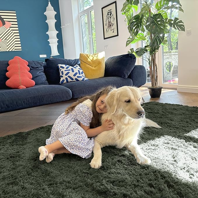 OLANLY 9x12 Machine Washable Large Area Rugs for Living Room, Bedroom, Soft Fluffy Shaggy Bedside Rug, Indoor Floor Carpet for Kids Girls and Boys, Dorms, Nursery, Home Decor Aesthetic, Olive Green