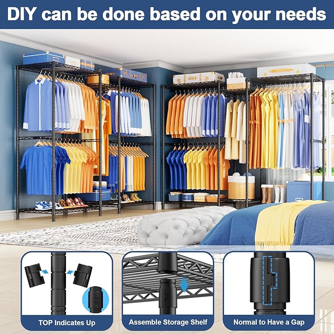 Ulif E12 Pro Clothes Rack，Heavy Duty Freestanding Garment Rack with Shelves，Metal Clothing Closet Storage System for Hanging Clothes，71" W x 16" D x 76.5" H, Hold 960 lbs，Black
