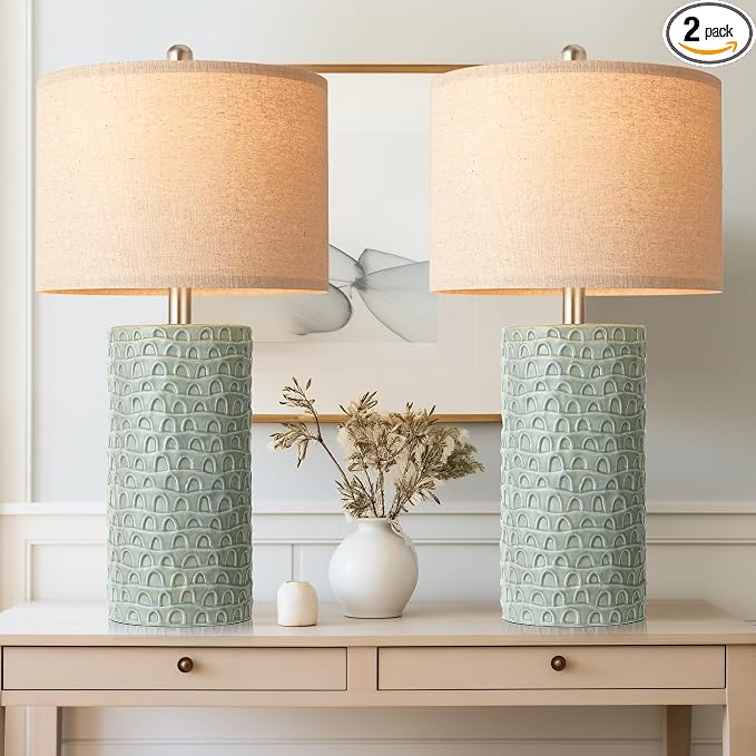 PARTPHONER 23" Modern Ceramic Table Lamp Set of 2, Table Lamps for Living Room, Rustic Farmhouse Bedside Lamps Nightstand lamp for Bedroom, Desk Lamp for End Table Home Decor Light Green