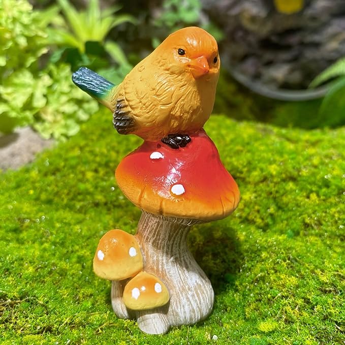Birds Mushroom Resin Statue - Bird Stand on Mushroom Garden Decor Bright Yellow Small Bird Sculpture Figurine for Indoor Home Shelf Outdoor Backyard Yard Porch Patio Lawn Decorations
