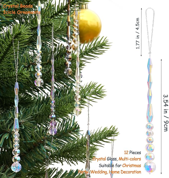 12pcs Crystal Icicle Christmas Tree Ornaments, Glass Beads Hanging Chandelier Pendants for Christmas Party Wedding Winter Decorations (Multicolor)