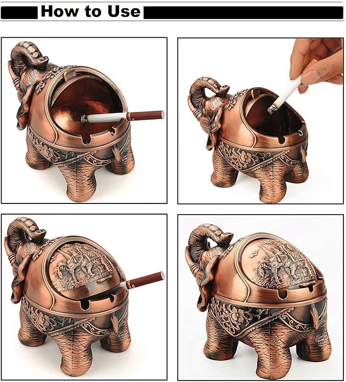 LAUYOO Metal Elephant Ashtray with Lid Windproof Ashtrays Outdoor, Indoor Ashtray for Weed, Vintage Practical Decoration Ash trays for Cigarettes Great Gift for Men Women