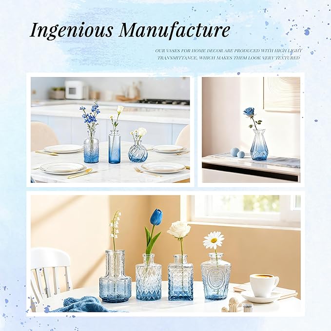 Der Rose Glass Bud Vases Set of 32 Small Blue Flower Vases for Rustic Wedding Centerpieces Table Decorations and Home Office Decor(Blue)