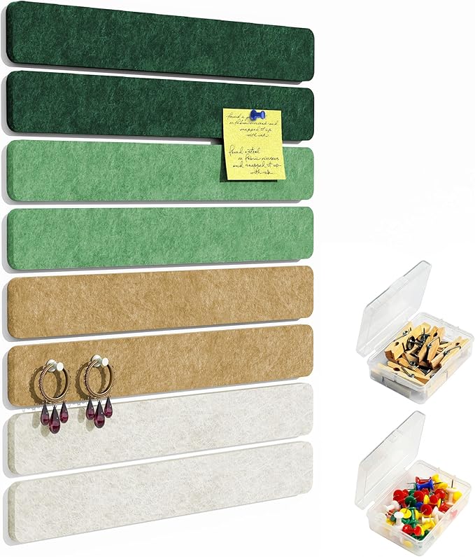 Cork Board for Walls - 8 Pack Felt Pin Board Bar Strips - Self-Adhesive Lightweight Bulletin Board - Cork Board for Office with 40 Push Pins No Damage for Wall
