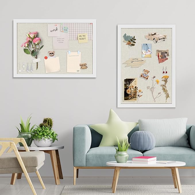 AKTOP 2 Pack White Cork Bulletin Board with Linen 18" X 24", Large Framed Corkboard for Wall, Hanging Pin Board Picture Board for Home Office Decor, Cute Vision Board with Pushpins