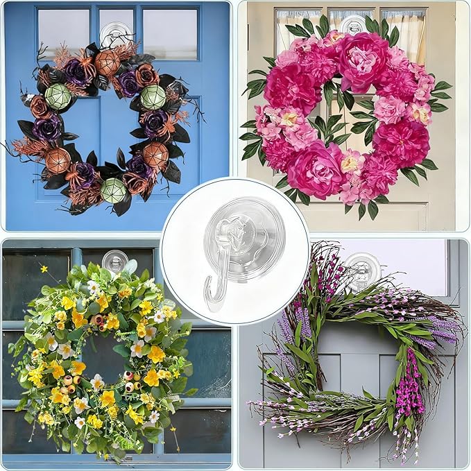 6pack Wreath Hanger Hooks,Big Suction Cup Wreath Hooks for Halloween Christmas Décor,22 LB Heavy Duty Waterproof Removable Large Wreath Holder for Window Glass Smooth Doors Tiles (3.7X2.7in 6pcs)