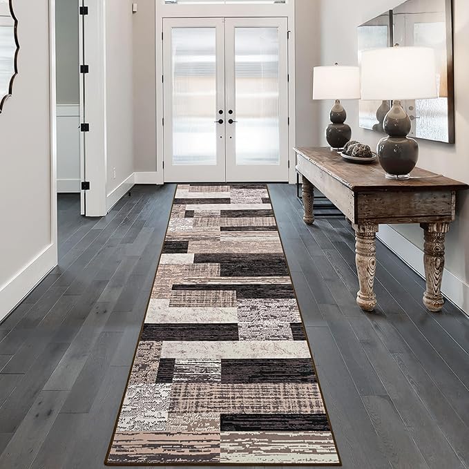 FlyDOIT Modern Geometric Patchwork Area Rug, 2.7x10 Chocolate Runner Rugs for Living Room, Rockwood Collection Indoor Rugs for Bedroom, Throw Carpet Floor Decor for Entryway Dining Room Office Nursery