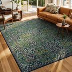 Lessymo Dining Room Rugs for Under Table, 6x9 Washable Forest Green Oriental Area Rug for Living Room, Non Slip Low Pile Carpet for Bedroom, Stain Resistance Vintage Floral Design Decor