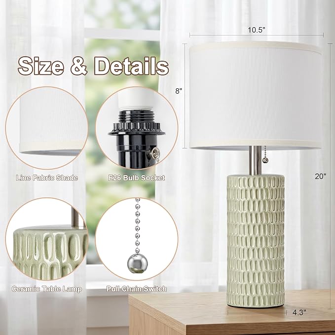 Reaketon Table Lamps for Living Room Set of 2, Ceramic Table Lamps for Bedroom, 20" Modern Lamps for Night Stands, Light Green