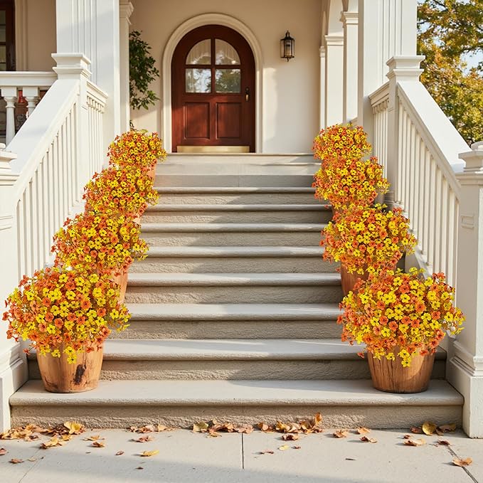 Artificial Fall Flowers for Outdoor Decoration,16 Bundles Faux Silk Colorful Flowers for Outside,UV Resistant Fake Flowers Plants for Front Door Patio Porch Yard Balcony Autumn Decor(F Orange Yellow)