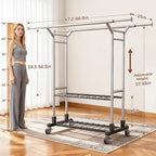 Luxspire Heavy Duty Clothes Rack Load 650 LBS, Double Rod Clothing Racks for Hanging Clothes, Rolling Garment Racks with Lockable Wheels, Shelves, Adjustable Laundry Hanging Rack, Silver