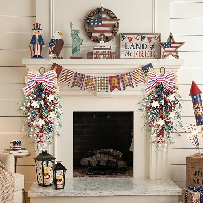 nuvagiki Patriotic Teardrop Swag Set of 2, Red White Blue Berry Front Door Decor, 4th of July Memorial Day Door Hanging Wreath, Rustic Farmhouse Independence Day Porch Decorations