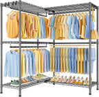 E15 Pro Garment Rack L Shaped Clothes Rack for Corner，Freestanding Clothing Racks for Hanging Clothes，Heavy Duty Closet System with 4 Hanging Rods & 8 S Hooks，48.8"W x 15.8"D x 78.4"H，Grey