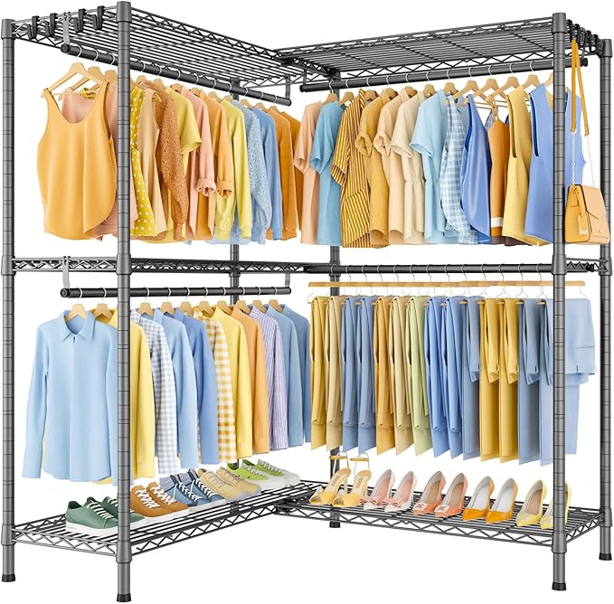 E15 Pro Garment Rack L Shaped Clothes Rack for Corner，Freestanding Clothing Racks for Hanging Clothes，Heavy Duty Closet System with 4 Hanging Rods & 8 S Hooks，48.8"W x 15.8"D x 78.4"H，Grey