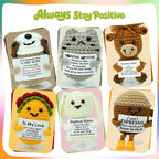 6 Pack Cute Handmade Crochet Dolls Set with Positive Cards & Black Gift Box - Cat Rabbit Sloth Calf Coffee Cup & Taco, Emotional Support Gifts for Friends Women Men Funny Desk Decor for Holidays