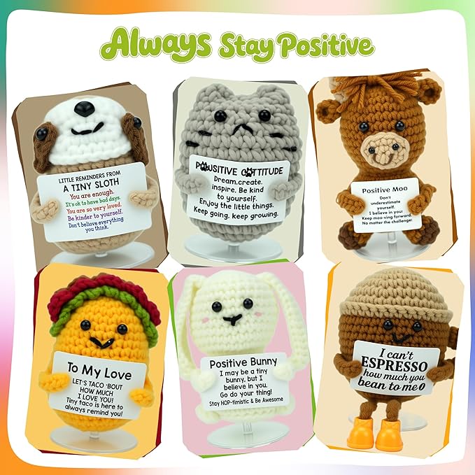 6 Pack Cute Handmade Crochet Dolls Set with Positive Cards & Black Gift Box - Cat Rabbit Sloth Calf Coffee Cup & Taco, Emotional Support Gifts for Friends Women Men Funny Desk Decor for Holidays